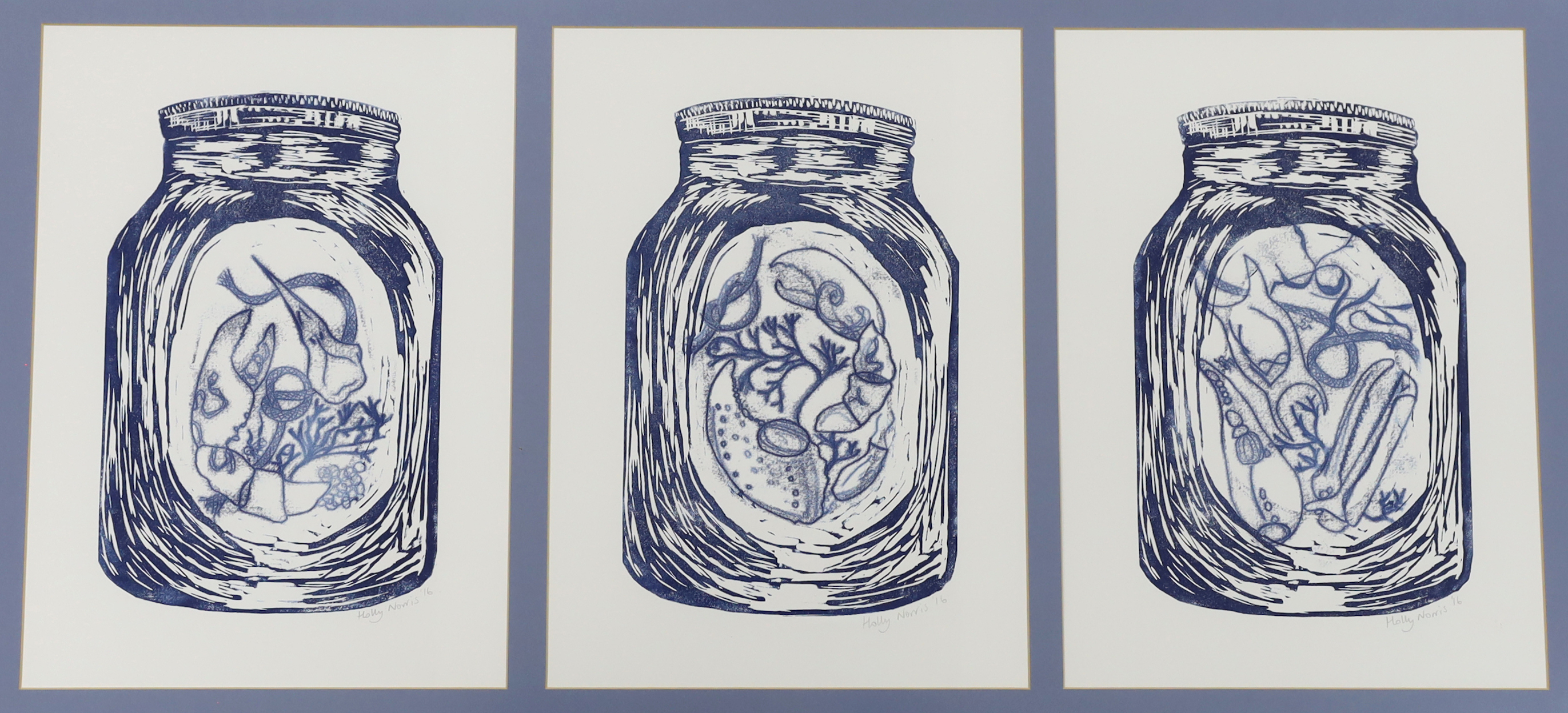 Holly Norris (contemporary), screenprint triptych, 'Kilner jars and beach findings', each signed and dated '16, 38 x 26cm